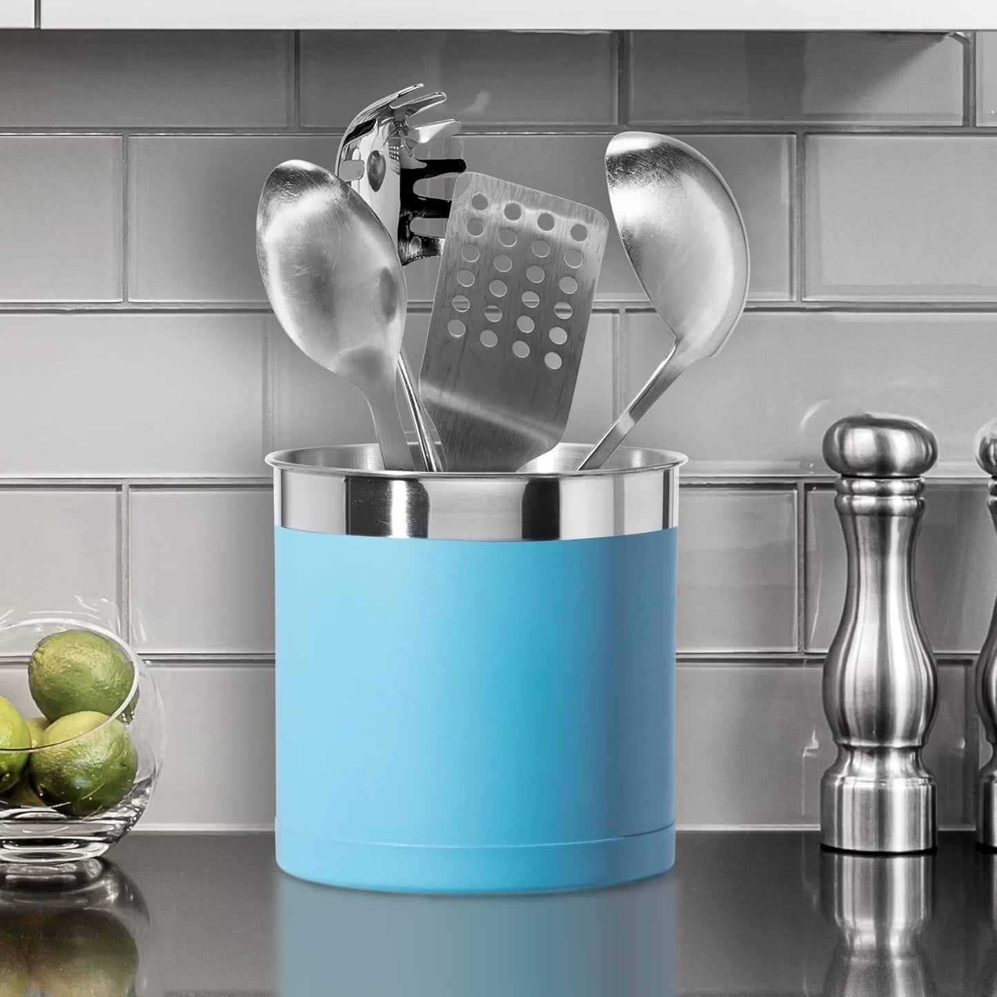 OGGI Stainless Steel Jumbo Utensil Holder - 7" Utensil Caddy, Weighted Base for Stability - Extra Large Utensil Crock and Countertop Utensil Organizer, Turquoise