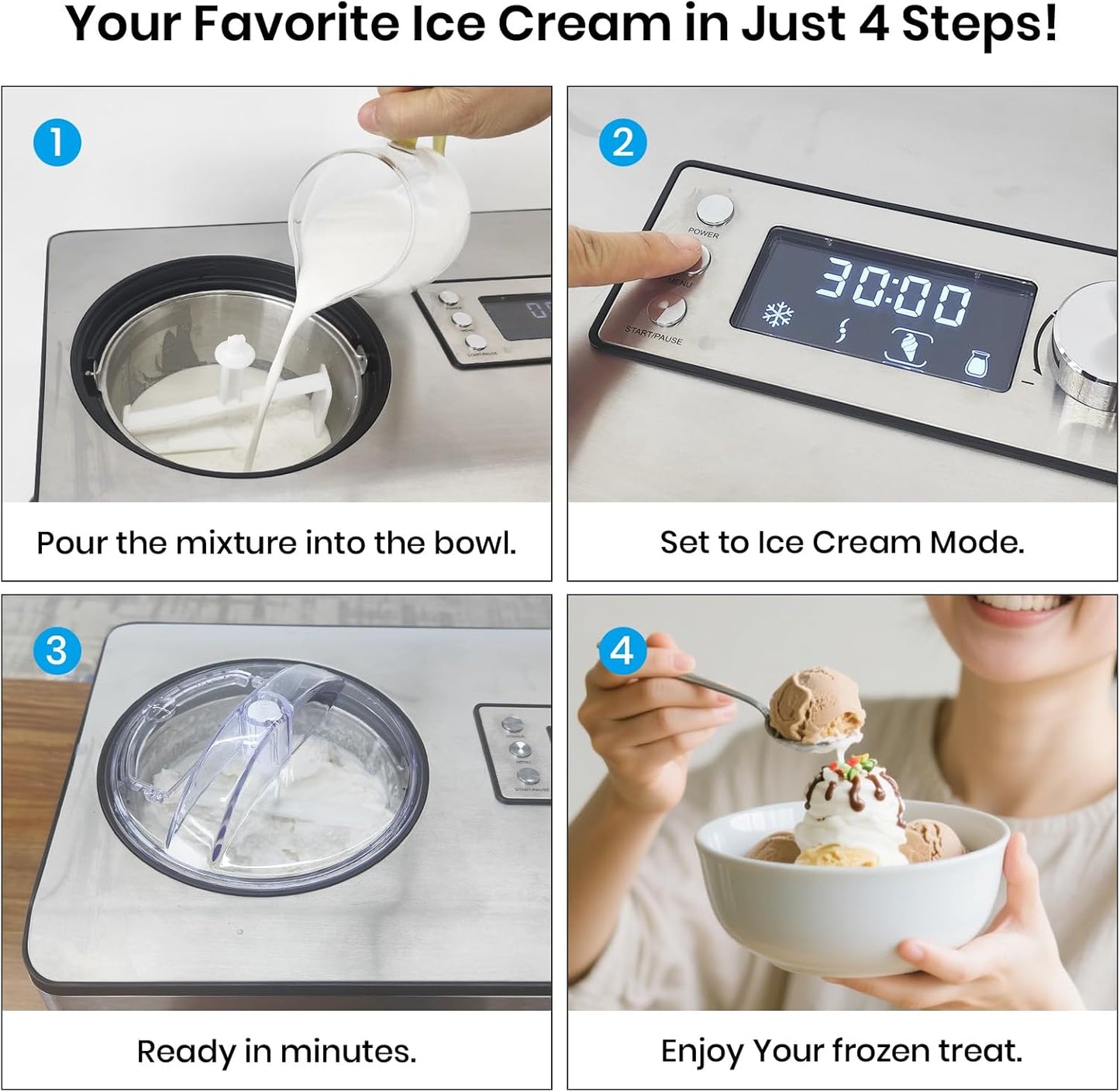 Ice Cream Maker with Upgraded Compressor, [40% Faster Freezing], No Pre-Freezing Needed, LED Display, 2.1 Qt Capacity, Easy Operation for Ice Cream & Yogurt, Stainless Steel