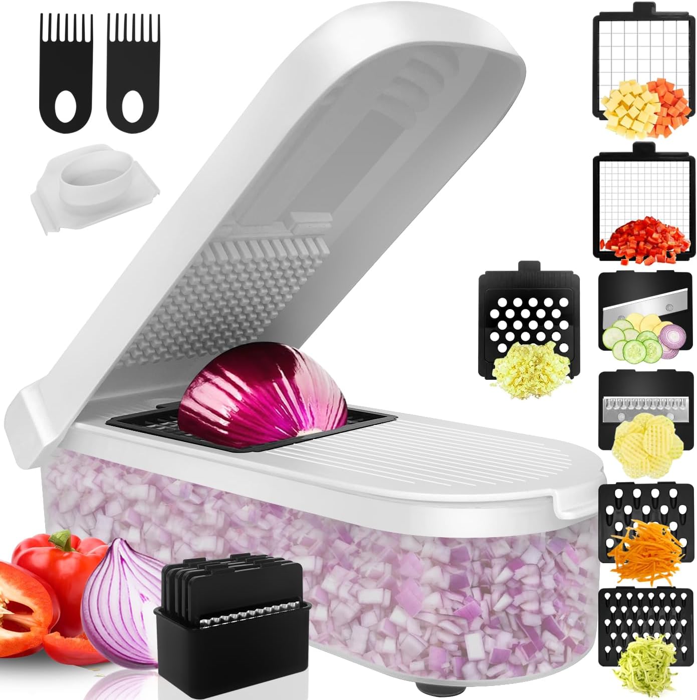 LHS Multifunctional Food Chopper - 10 in 1 Veggie Slicer, Dicer, Cutter for Onions, Potatoes, and More - White Container Included