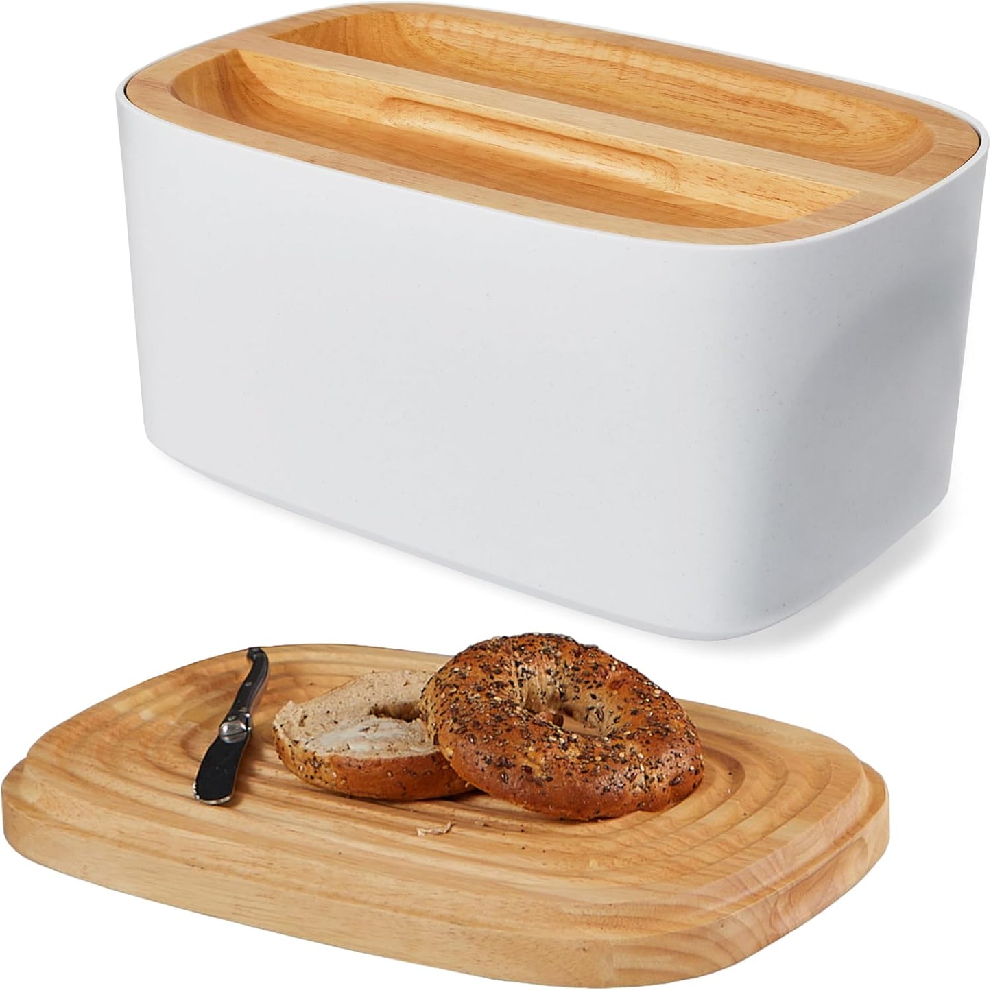 Sonder Los Angeles, Modern Bamboo Fiber and Recycled Plastic Bread Box (White) for Kitchen Countertop with Reversible Cutting Board Lid, Homemade Bread Bin Storage Container 14.25 x 9.25 x 7 in