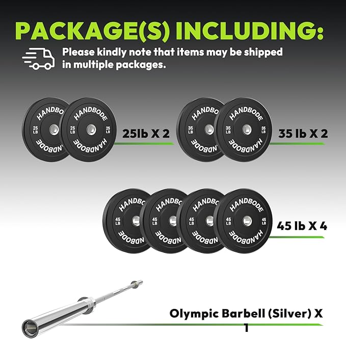 Olympic Bumper Plates Set 2 Inch, 10-55 lbs Rubber Weight Plates with 45 lb (20kg) Black/Silver Barbell, Strength Training & Weight Lifting for Home Gym