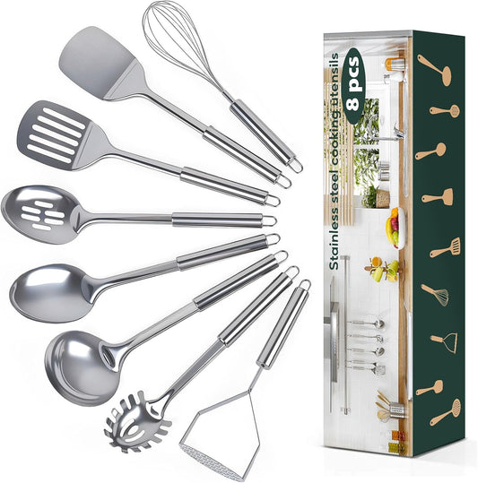 8 Pcs Cooking Utensils Set, Stainless Steel Kitchen Utensils, Heat Resistant Metal Kitchen Tools Include Solid & Slotted Spatula, Serving Spoon, Ladle, Pasta Server,Potato Maseher, Egg Whisk, Silver