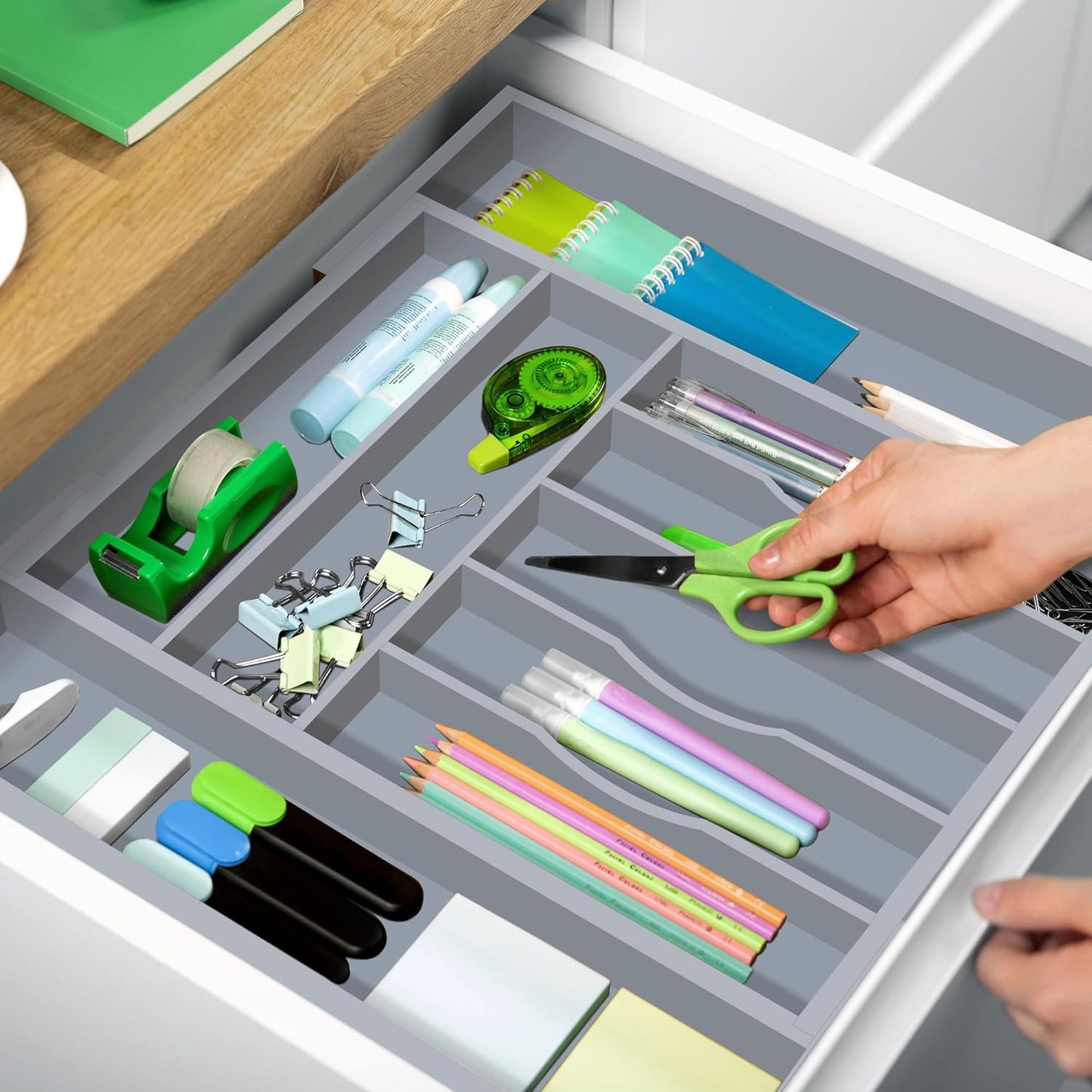 Luxury Bamboo Kitchen Drawer Organizer - Silverware Organizer - Utensil Holder and Cutlery Tray with Grooved Drawer Dividers for Flatware and Kitchen Utensils (9 Slot, Gray)