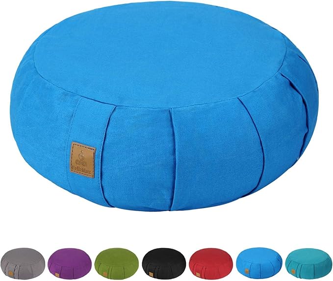 Round Zafu Meditation Cushion, D=15" H=5.5" Zabuton Meditation Pillow, Yoga Bolster/Pillow, Floor seat, Zippered Organic Cotton Cover, Natural Buckwheat, Kneeling Pillow
