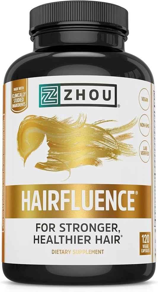 Zhou Hairfluence - Vegan Biotin Supplement for Hair Growth for Men & Women, Lustriva Hair Growth Supplement for Nails & Glowing Skin with B Vitamin Complex & Keranat - 120 Capsules (Pack of 1)