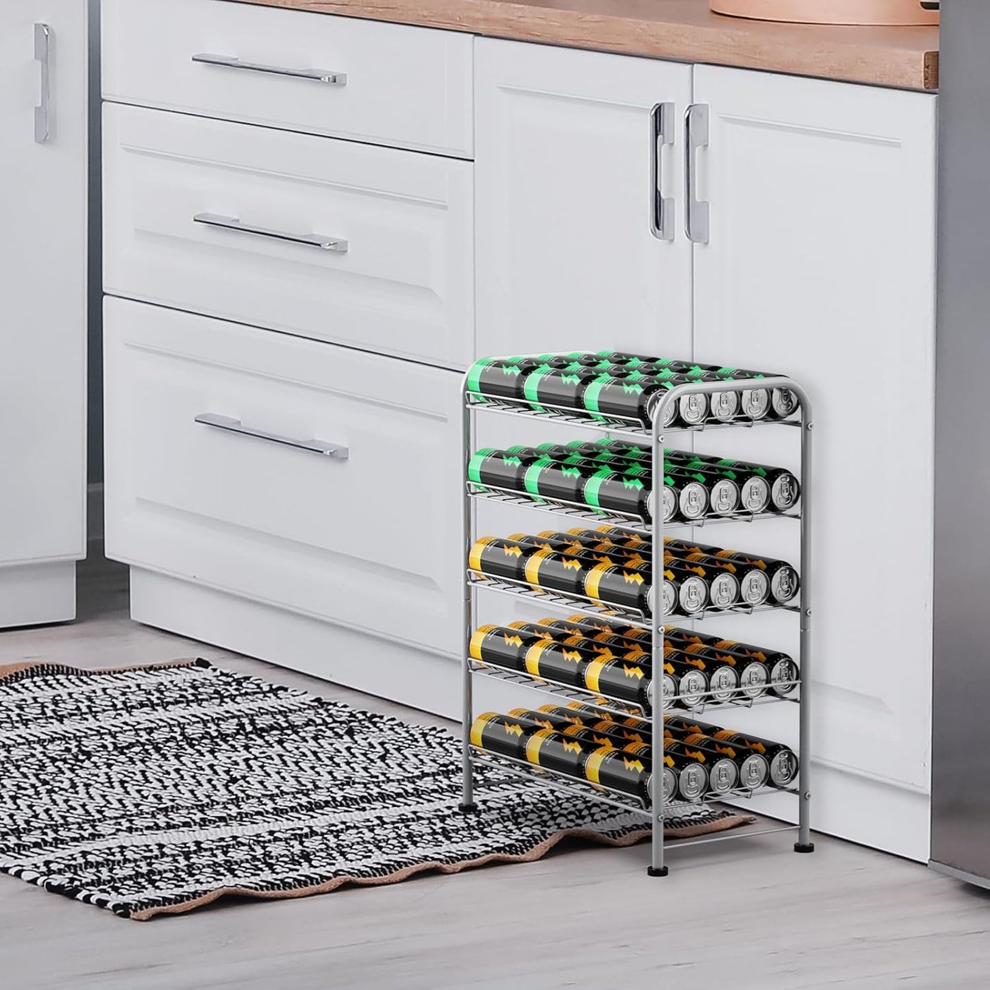 5 Tier Water Bottle Organizer Small Water Bottle Holder Stand Freestanding Metal Bottled Water Rack Dispenser for Kitchen, Pantry Organization and Storage, Silver