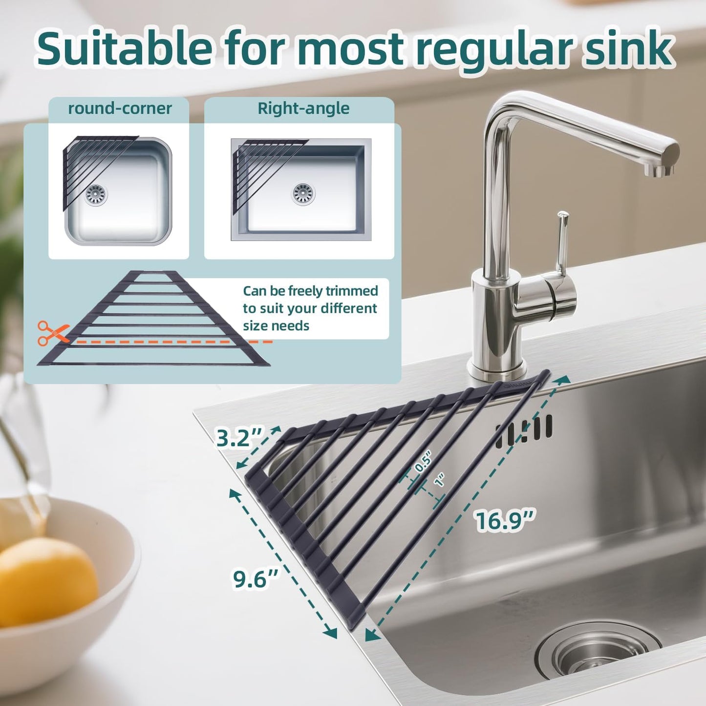Corner Sink Caddy, Ohuhu Sponge Holder for Kitchen Sink Organizer Silicone Wrapped Steel Anti Slip Rust Triangle Over the Sink Dish Drying Rack for Sink Corner Multipurpose Drainer Trivet Space-Saving