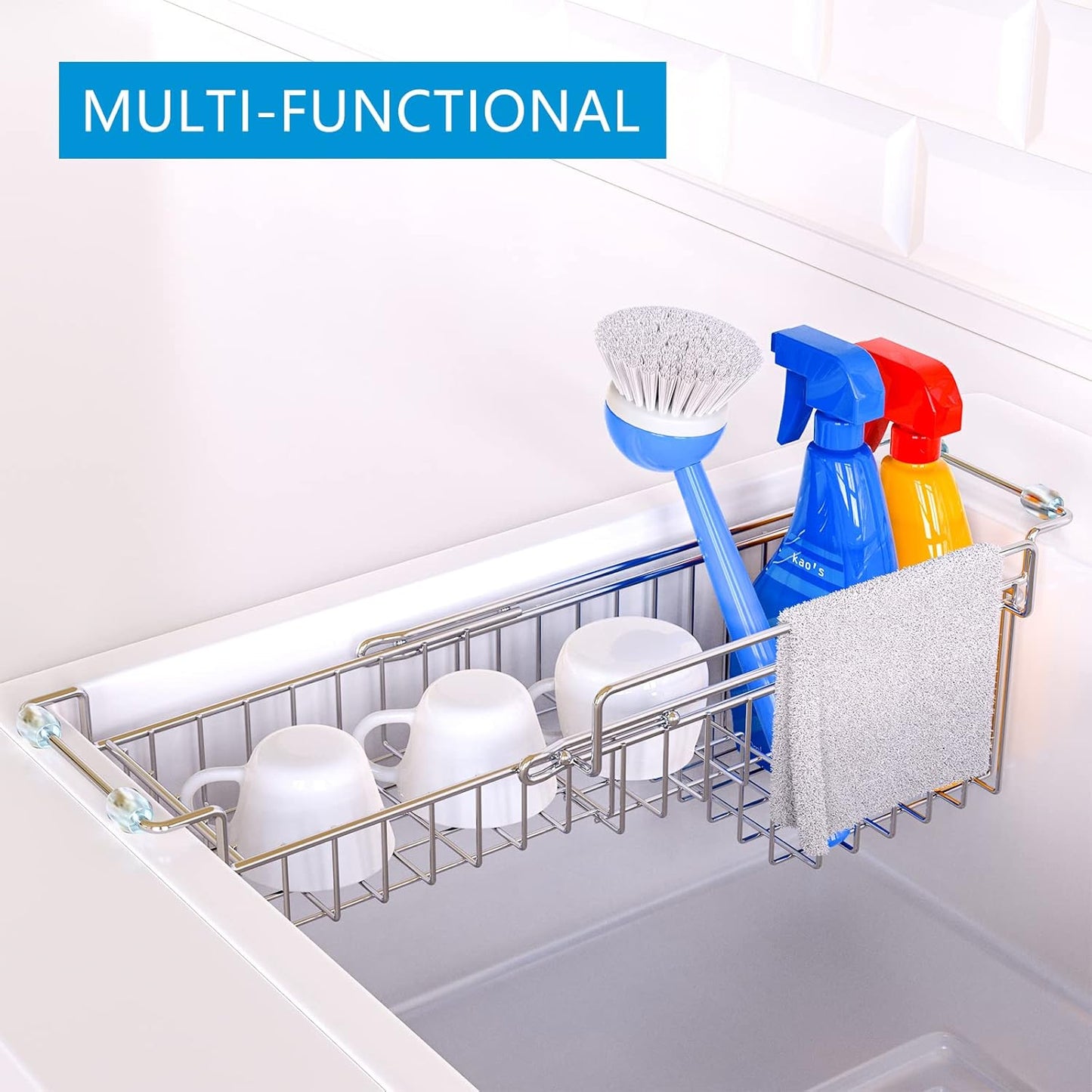 Over The Kitchen Sink Caddy Sponge Holder Organizer Drying Rack Expandable for Sponge Brush Soap Dish Cloth Rag, Stainless Steel (12.25" to 17.25")