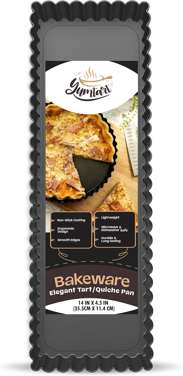 14 Inch Rectangular Tart Pan with Removable Bottom - Non-Stick, Deep Fluted for Tarts, Quiches, and Pies