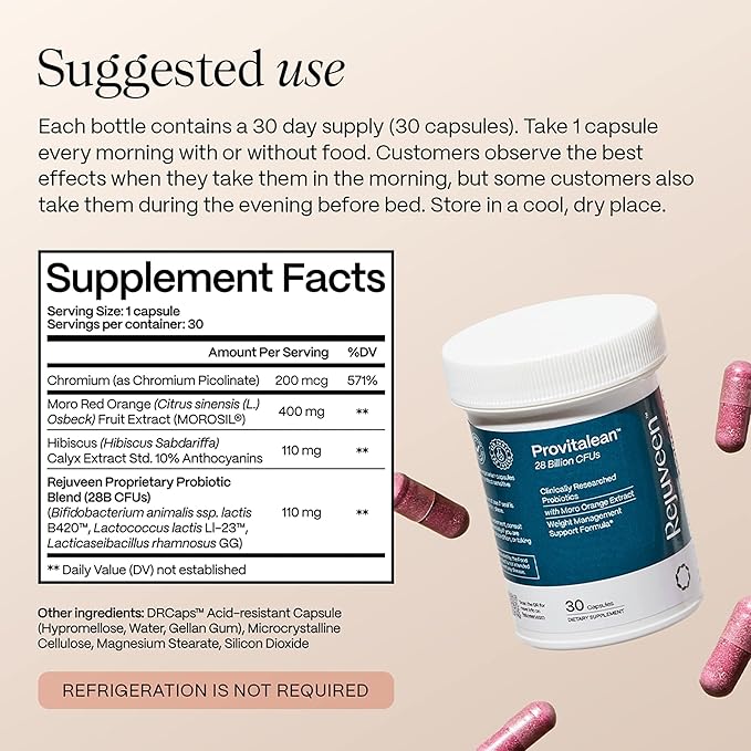 Provitalean Metabolism Fuel for Women | Mute Cravings for Belly Fat & Resistant Waistlines | B420 Probiotic, Morosil, Chromium | Vegetarian, Stimulant-Free, Gluten-Free | 30 Ct