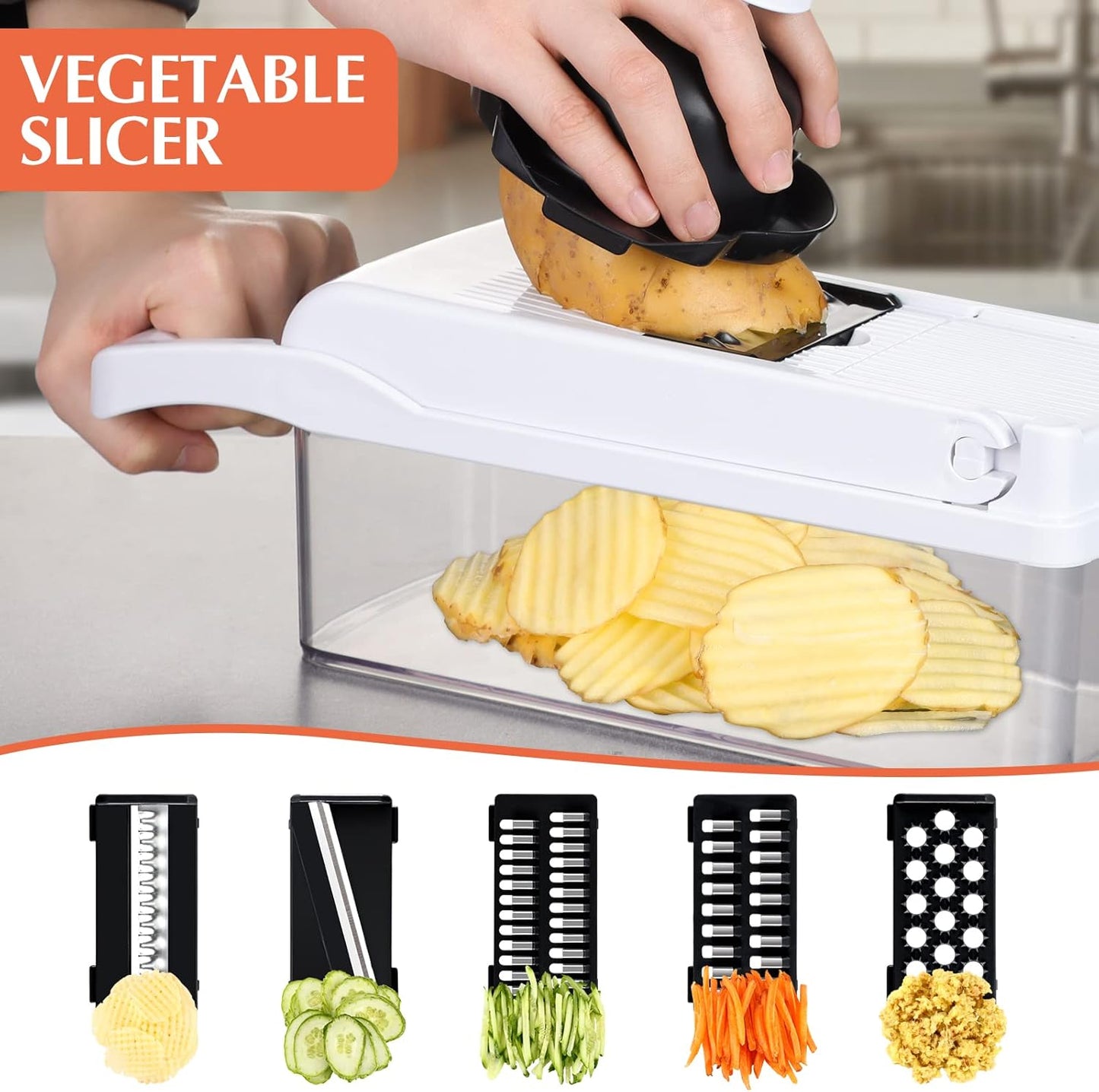 KEOUKE Vegetable Chopper Mandoline Slicer Pro - 16 in 1 Interchangeable Blades Food Chopper with Container, Hand Guard & Drainer, Veggie Dicer Spiralizer Kitchen Gadget for Onion, Cucumber, Fruit