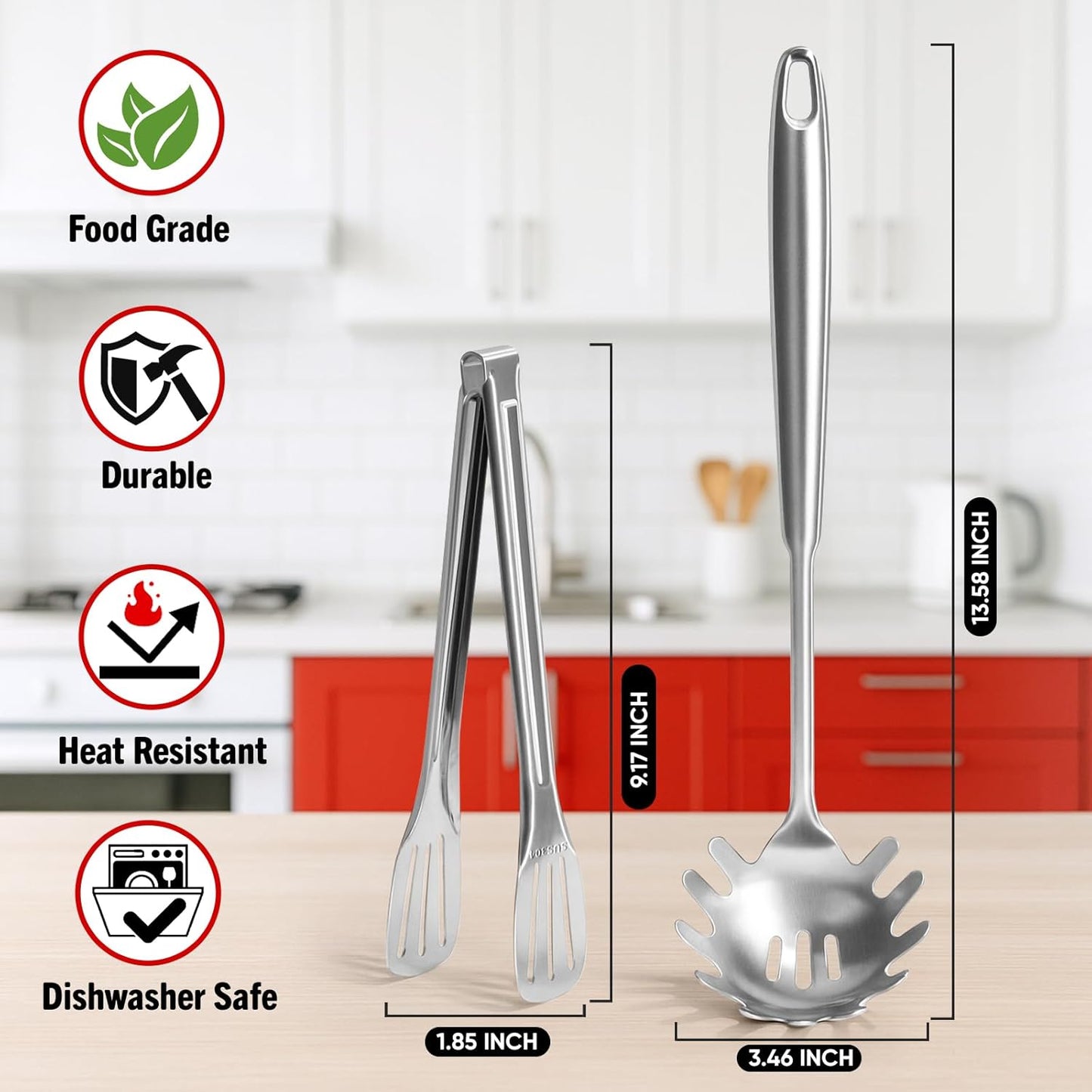 Newness 304 Stainless Steel Spaghetti Server and Spaghetti Tong, [Rustproof, Integral Forming, Durable] Pasta Spoon with Teeth with Vacuum Ergonomic Handle, Comfortable Grip Design Pasta Server