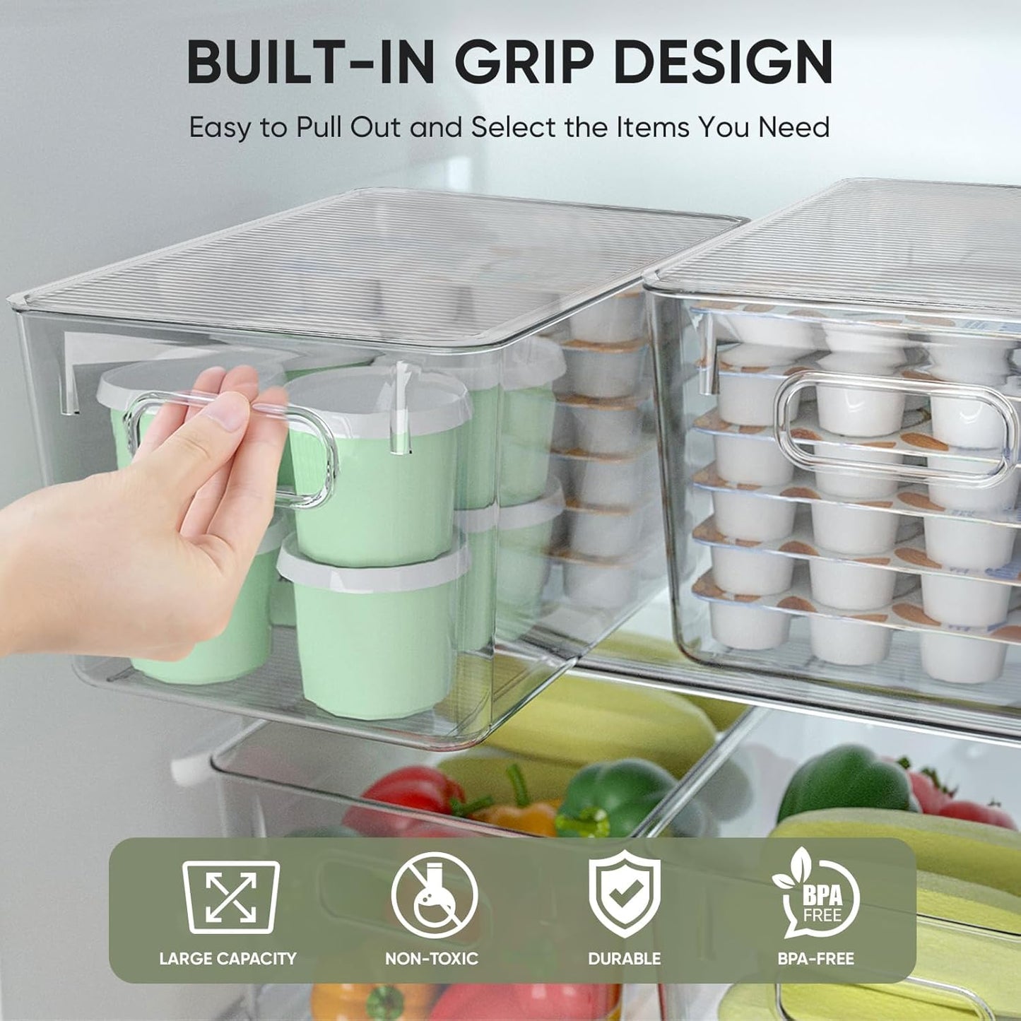 BALEINE Clear Stackable Storage Bins with Lids, Plastic Containers with Handle for Pantry Organizers and Storage, Plastic Bins for Fridge, Kitchen, Bathroom, Cabinet (10x6x5, 4PK)