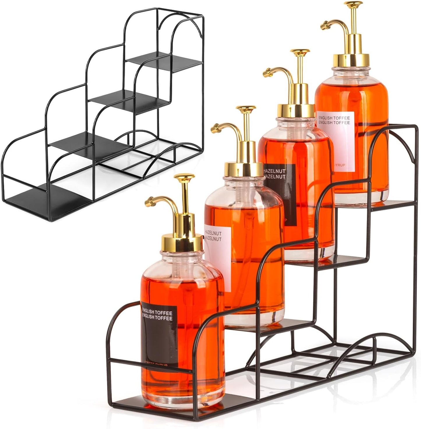 Syrup Rack for Coffee Bar Accessories, Iron 4 Compartment Bottle Organizer, Countertop Display Storage Shelf Bottle Stand, Metal Coffee Bar Organizer for Wine, Kitchen, Holds 4 Bottles