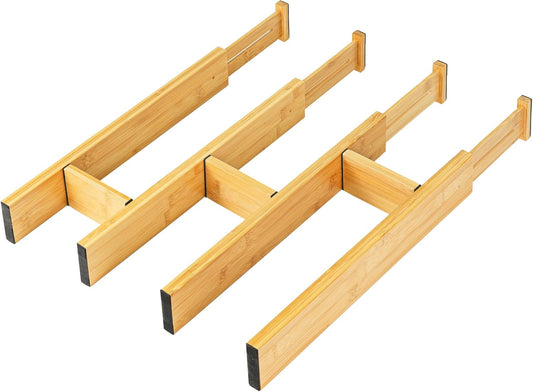 Adjustable Bamboo Drawer Dividers with Inserts, Expandable Spring-Loaded Drawer Organizer for Kitchen, Clothes, Tools, Silverware, Bamboo Organizer Separators - 4 Large Pieces