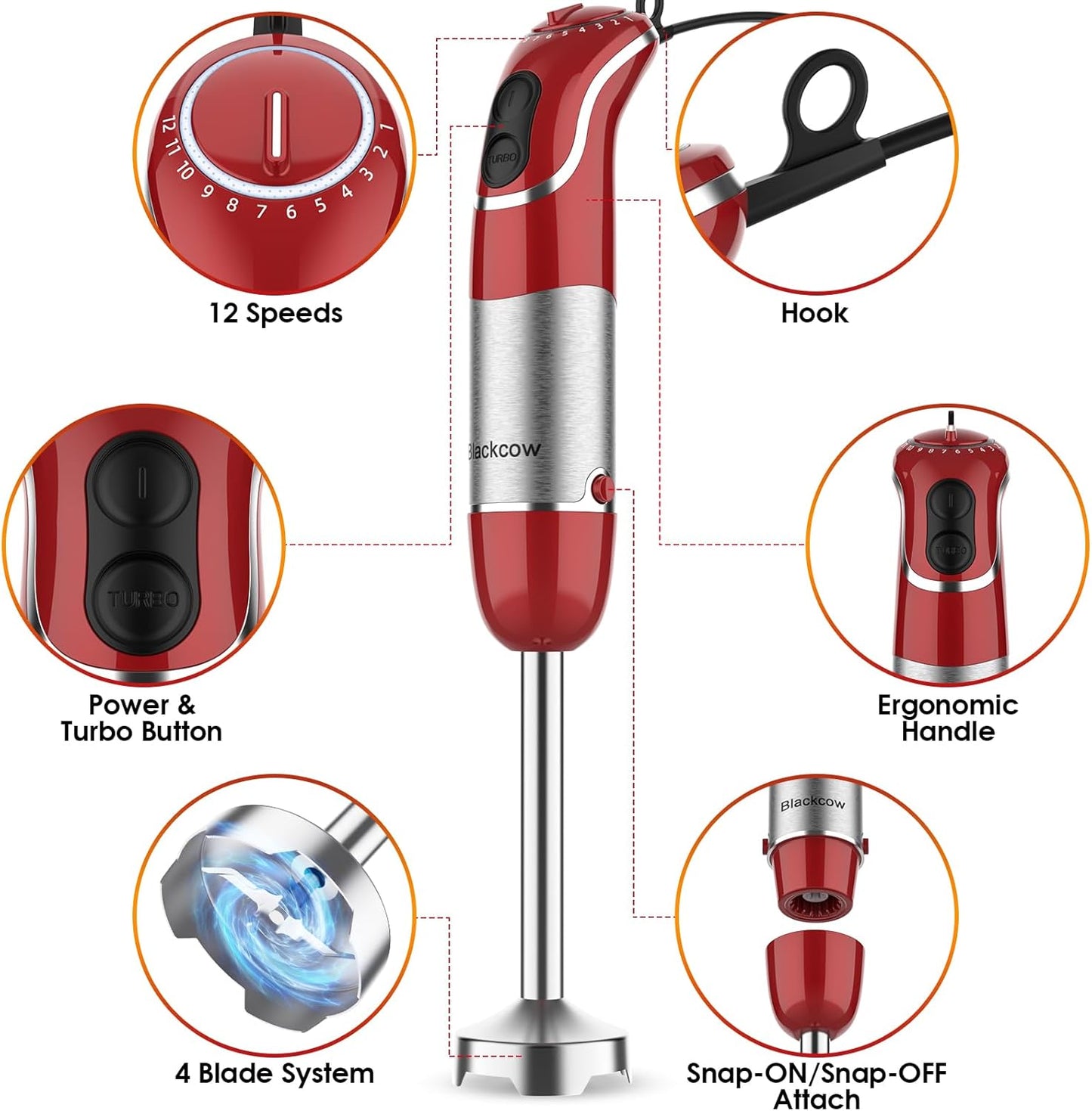 Multi-Use 5 in 1 Immersion Blender 3.0, BPA-Free, 800W 12 Speed Hand Blenders for Kitchen, Copper Motor Stainless Steel Blade Emulsion Blender Handheld with Chopper, Whisk and Frother, Red