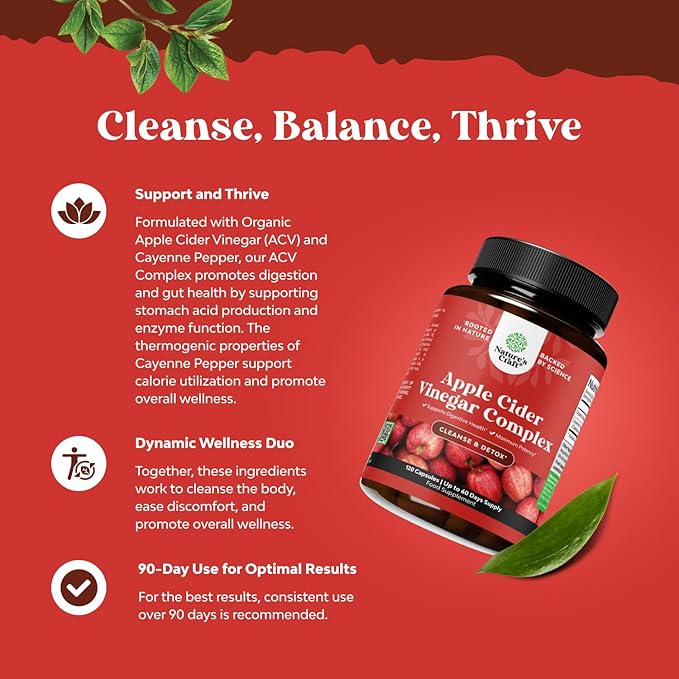 Cleansing Apple Cider Vinegar Capsules - ACV Cleanse and Detox Pills for Gut Digestive Health with Slimming Cayenne Extra Strength Full Body (60 Servings)