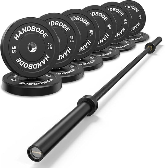 Olympic Bumper Plates Set 2 Inch, 10-55 lbs Rubber Weight Plates with 45 lb (20kg) Black/Silver Barbell, Strength Training & Weight Lifting for Home Gym