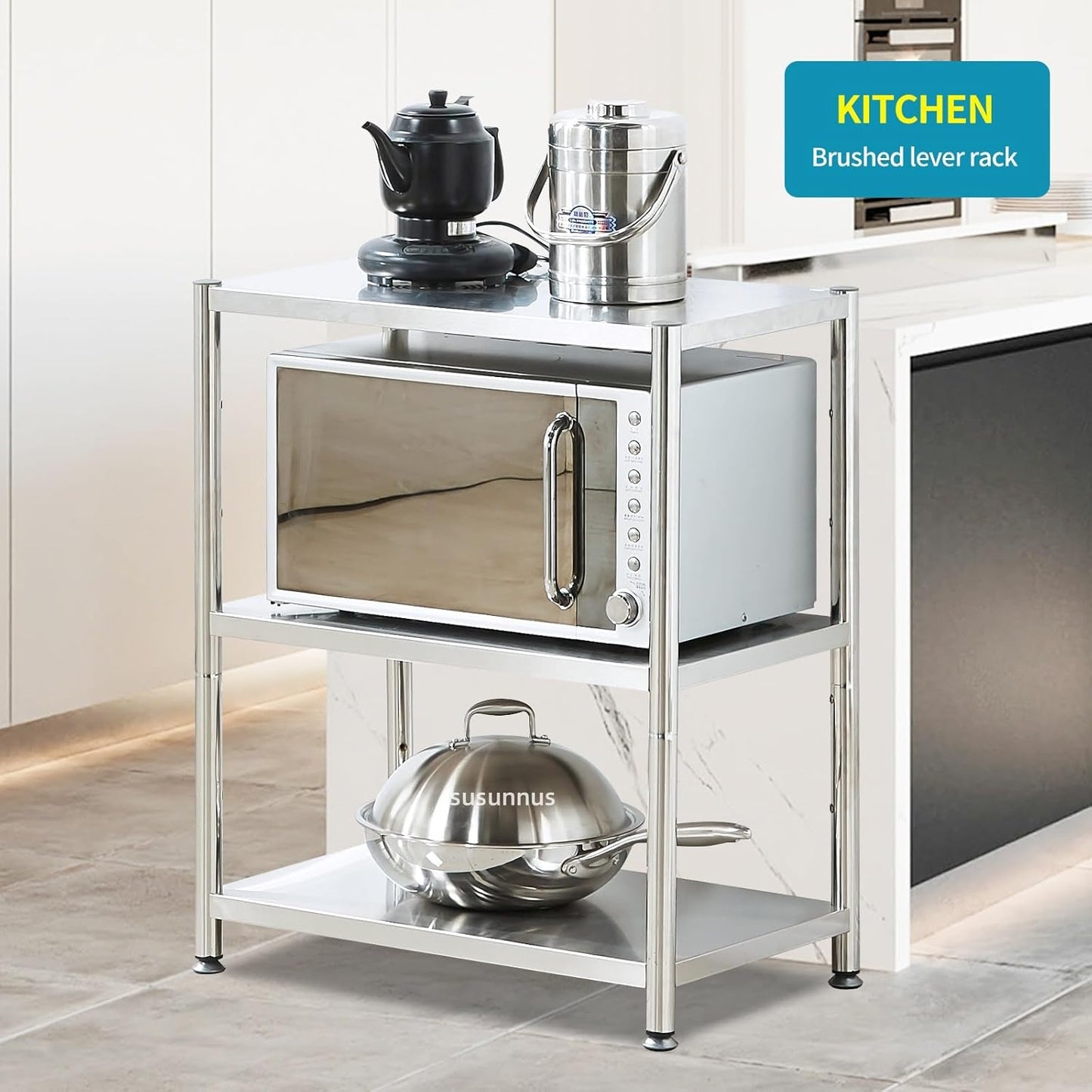 susunnus 3-Tier Stainless Steel Shelf, Heavy Duty Shelving for Kitchen, Garage, Industrial Storage, Kitchen Shelves Adjustable Feet, Easy to Clean(3T-24.8in*15.8in(Without guardrails))