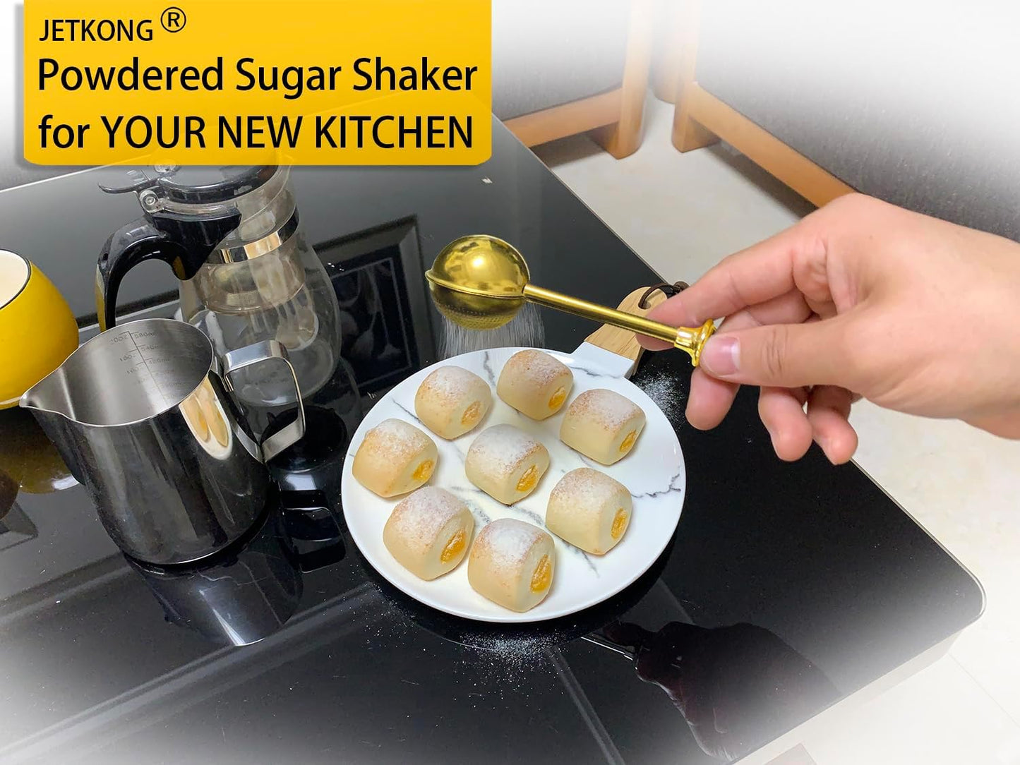 JETKONG Baker's Dusting Wand for Sugar, Flour and Spices, Stainless Steel Powdered Sugar Shaker Duster Sifter, Set of 2 (Gold)