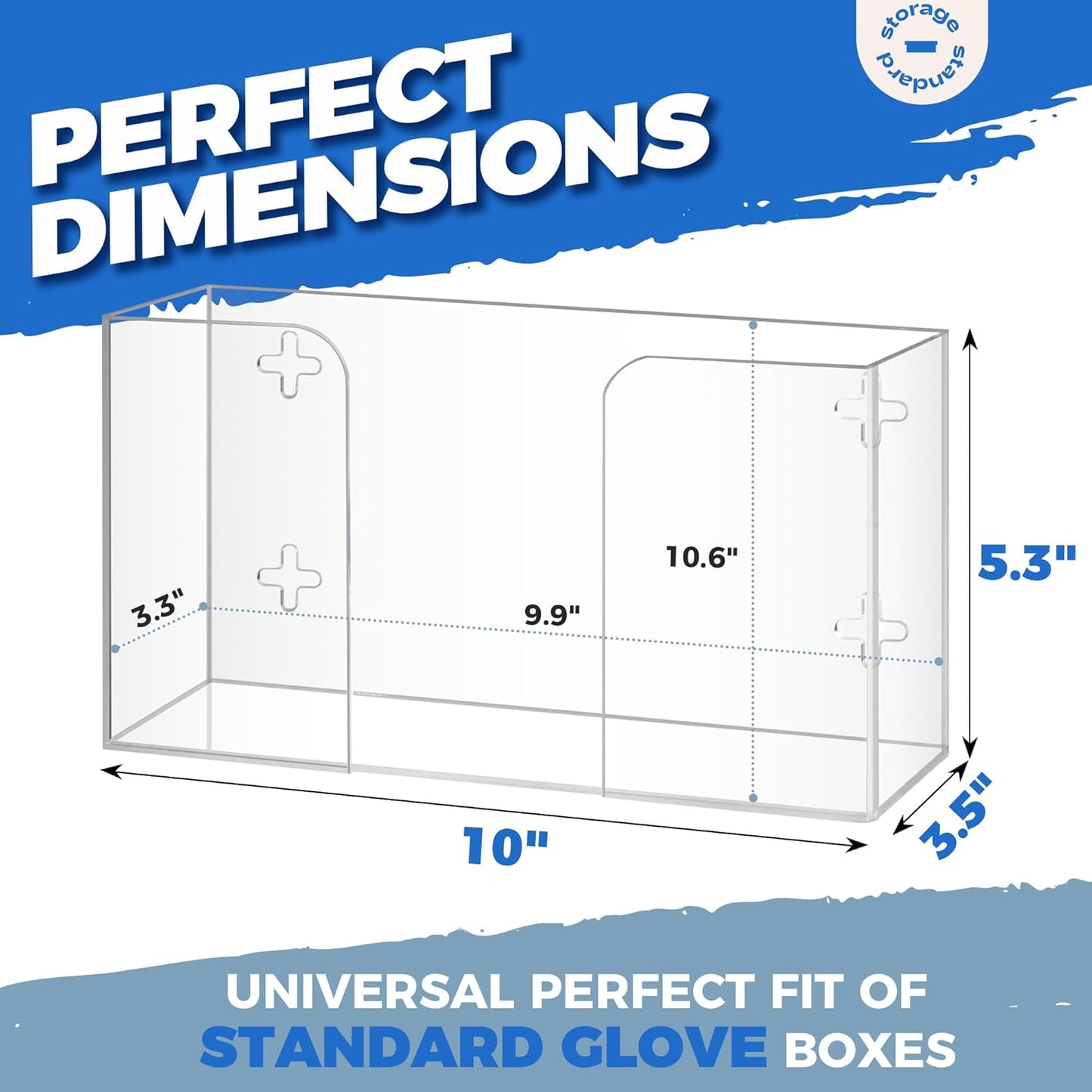 Storage Standard Glove Box Holder Dispenser - Kitchen, Medical, & Latex Gloves Holder Wall Mount or Countertop, Universal Fit - Thick Acrylic, Easy to Use, Slide, & Load Open Top Design - Clear