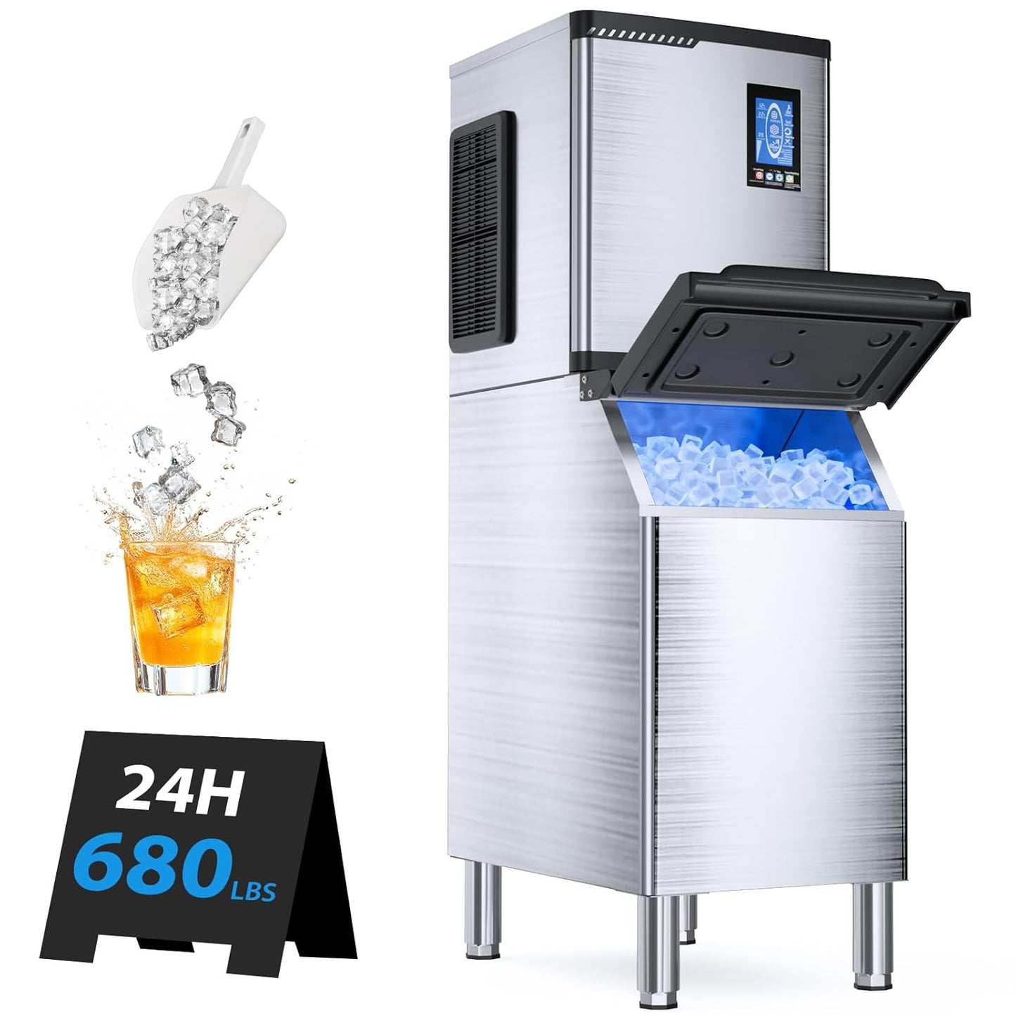 Commercial Ice Maker Machine 680lbs/24H, Ice Ready in 5-15 min, 450lbs Large Storage Bin, Ice Machine Stainless Steel with Water Line Hookup Self-Cleaning Function,30 Adjustable Ice Thicknesses