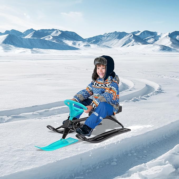 Snow Racer Sled, Ski Sled Slider Board with Steering Wheel, Twin Brakes, Anti-Slip Pedal, Snow Sled for Kids