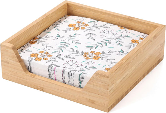 Bamboo Napkin Holder, 7.36" x 7.36" x 2.36" Napkin Holder for Table with Large Side Opening for Easy Access, Large Storage Square Napkin Dispenser, Home Kitchen Dining Tabletop Decor
