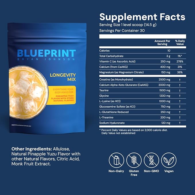 Blueprint Bryan Johnson Longevity Mix - Muscle Builder & Recovery Supplement - Promotes Focus and Balanced Mood - Magnesium, Creatine, L-Theanine, Glutathione & Vitamin C- 30 Servings, Pineapple Yuzu