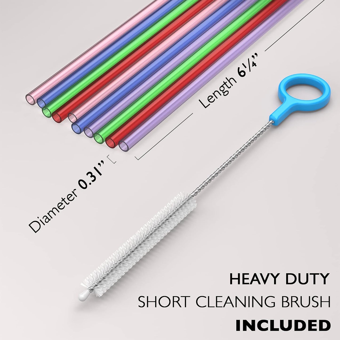 10 Short Reusable Hard Plastic Drinking Straws, Medium Width + Sturdy Cleaning Brush - for Cocktails, Small Cups, Kids Drinks - Dishwasher Safe BPA Free