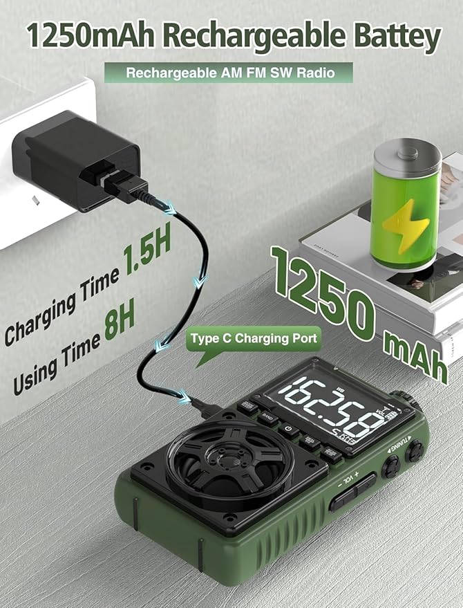 Bluetooth AM FM Shortwave Radio with NOAA Weather Alert,1250mAh Rechargeable Portable Pocket Radio with Best Reception,5W Big Speaker, Digital Tuner and Earphone,Support SD Card and USB MP3 Player