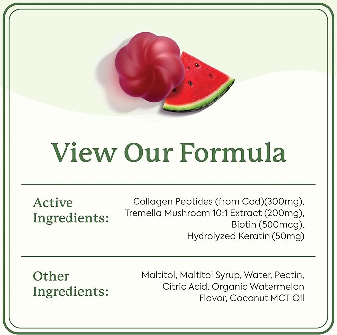 Plant People WonderBeauty Hair, Skin & Nails Rejuvenation Gummies with Tremella Mushroom, Marine Collagen Peptides, Keratin, & Biotin – Watermelon Flavor, 60 Gummies