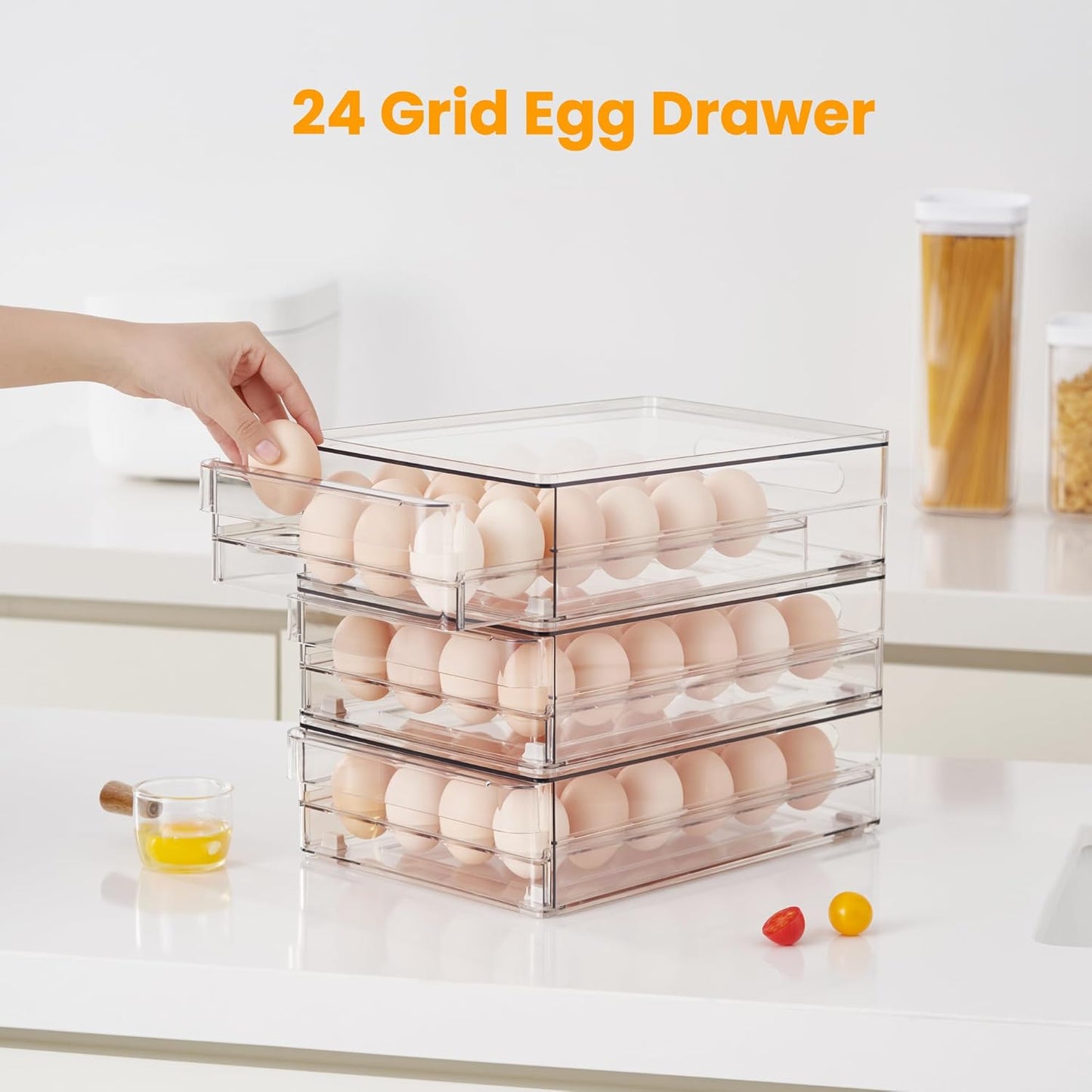 vacane 24 Egg Drawer for Fridge, Pull Out Egg Storage Container with Non-Slip Pads Refrigerator Organizer Bins Clear Egg Holder, Egg Tray-Bpa Free Egg Organizer