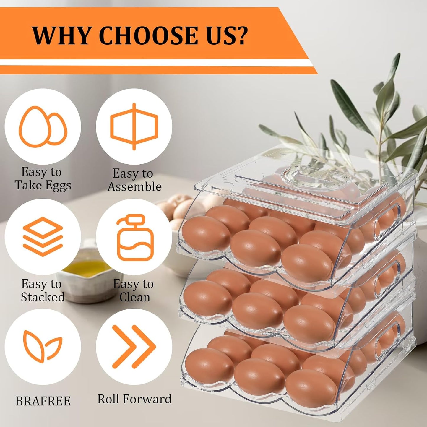 Egg Holder for Fridge Rolling Egg Container 54 Large Capacity Eggs Holder Eggs Storage Container Organizer with Lid for Refrigerator and Kitchen (3 Layer)