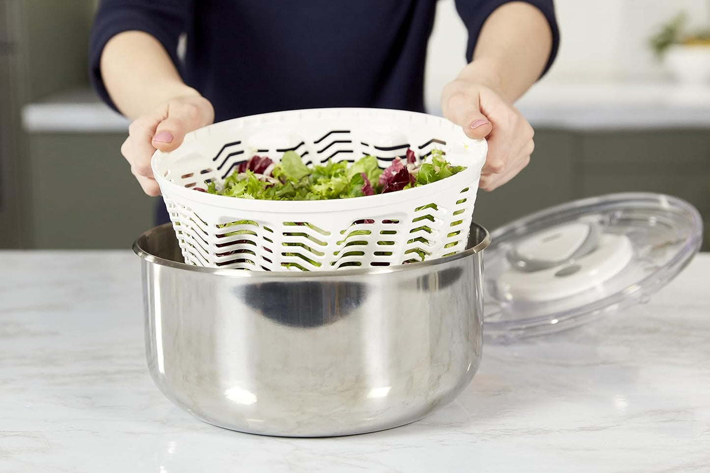 Zyliss Easy Spin 2 Stainless Steel Salad Spinner - Lettuce & Vegetable Spinner - Works as a Large Serving Bowl - Stainless Steel & BPA-Free Kitchen Essential - Silver
