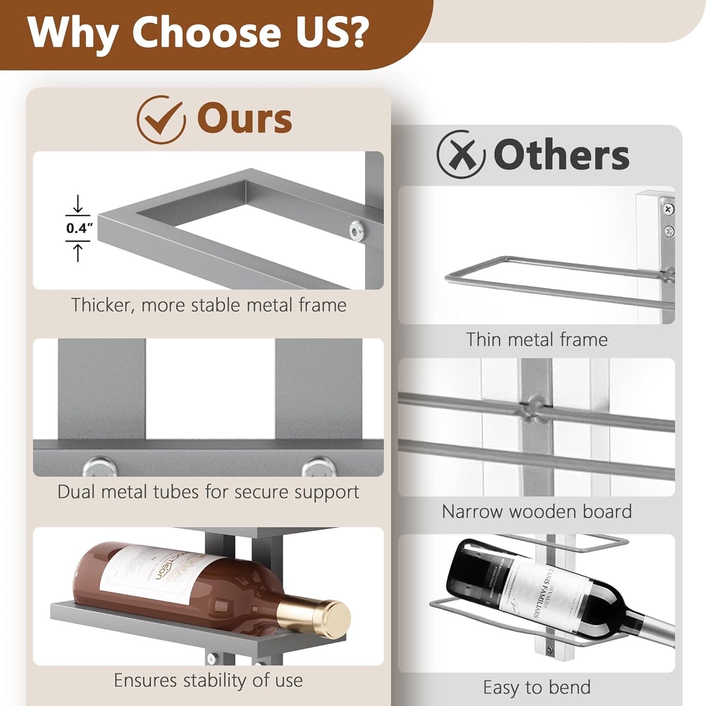 Hoctieon 8 Tier Wall Mount Wine Rack, Wall Racks for Wine Bottles Display and Storage, Hanging Bottle Organizer for Living Room, Dining Room, Wine Cellar, Bar, Grey