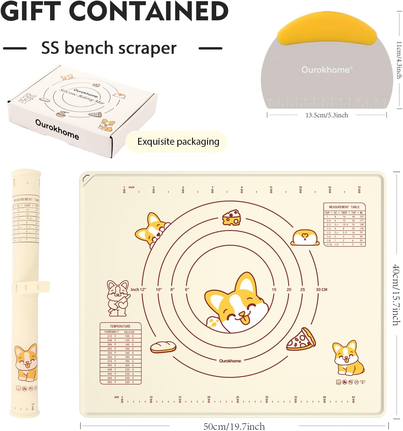 Ourokhome Silicone Baking Mat Sheet and Pastry Dough Cutter, 0.5 Inch Thick 20'' X 16" BPA free Silicone Rolling Mat, Non-Stick and Anti-Slip, Dishwasher Safe (Beige)