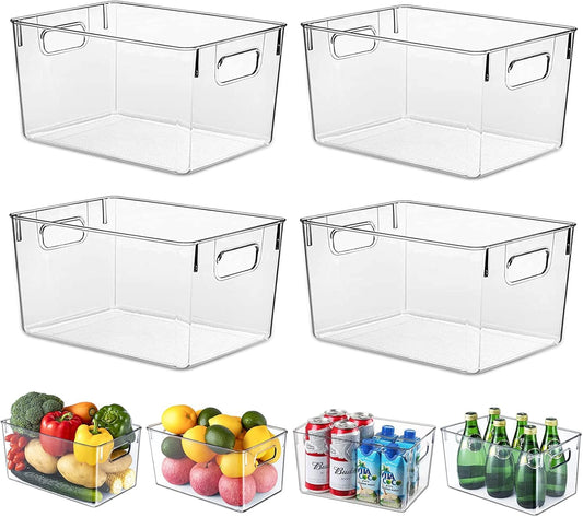Clear Plastic Storage Bins, 4 Pack Pantry Organizers & Storage Containers, Cabinet Organizer, Home Organization Must Haves for Kitchen, Laundry Room, Office, Closet & Freezer