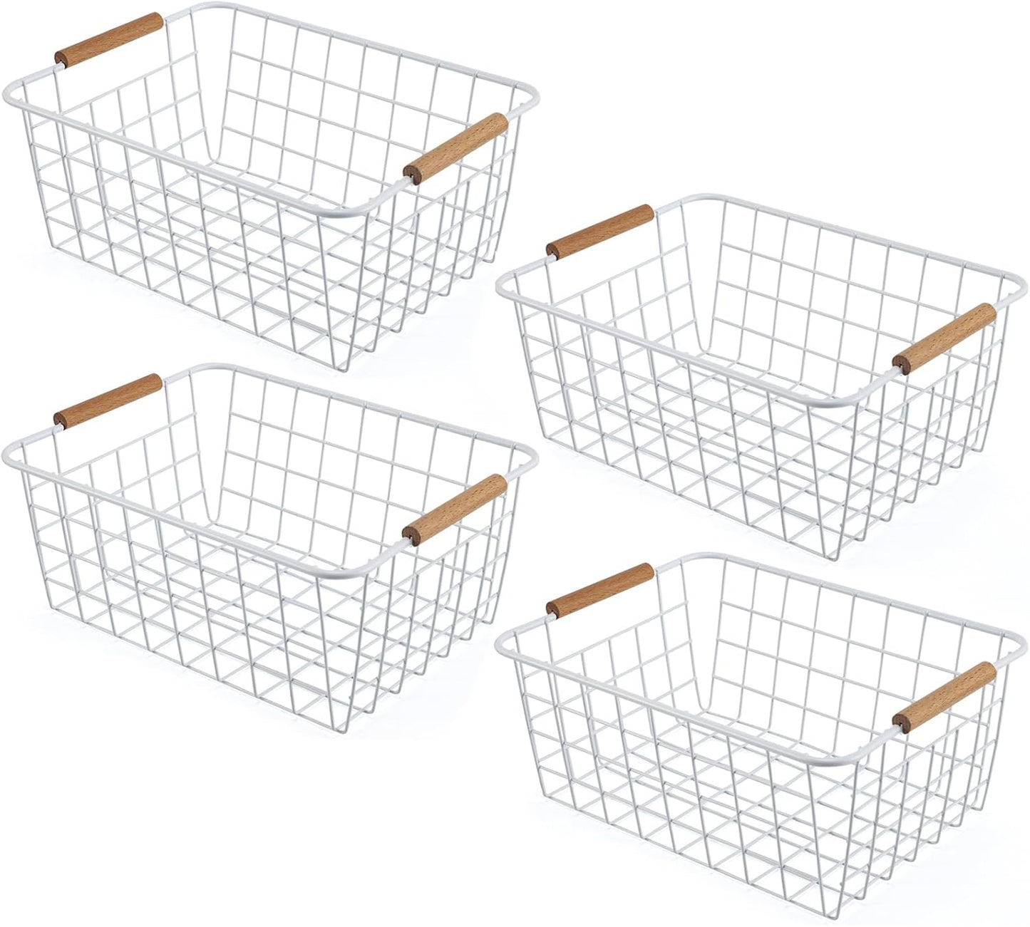 Wire Basket 4 Pcs Wire Storage Baskets Wire Baskets Organizing with Wooden Handles Wire Basket Pantry Organization and Storage Metal Wire Food Storage Basket for Kitchen, Cabinets (White 4PCS)