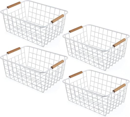 Wire Basket 4 Pcs Wire Storage Baskets Wire Baskets Organizing with Wooden Handles Wire Basket Pantry Organization and Storage Metal Wire Food Storage Basket for Kitchen, Cabinets (White 4PCS)