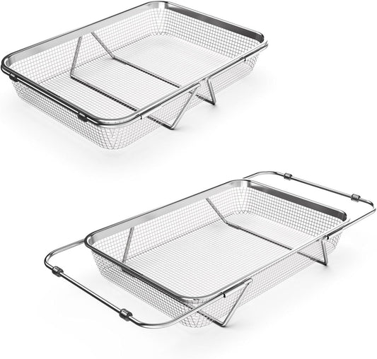 Extendable Dish Rack with Feet, Vegetable Colander Basket, Stainless Steel Dish or Silverware Drying Rack, Ultimate Kitchen Organizer Over The Sink (11.81 x 8.27 x 2.76 Inches)