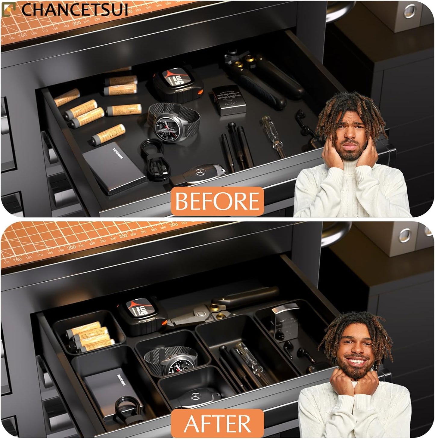 6 Pcs Stackable Drawer Organizer Set Desk Drawer Dividers, Bathroom Vanity Cosmetic Makeup Trays , Multipurpose Plastic Storage Bins for Jewelries, Kitchen Gadgets and Office Accessories, Black