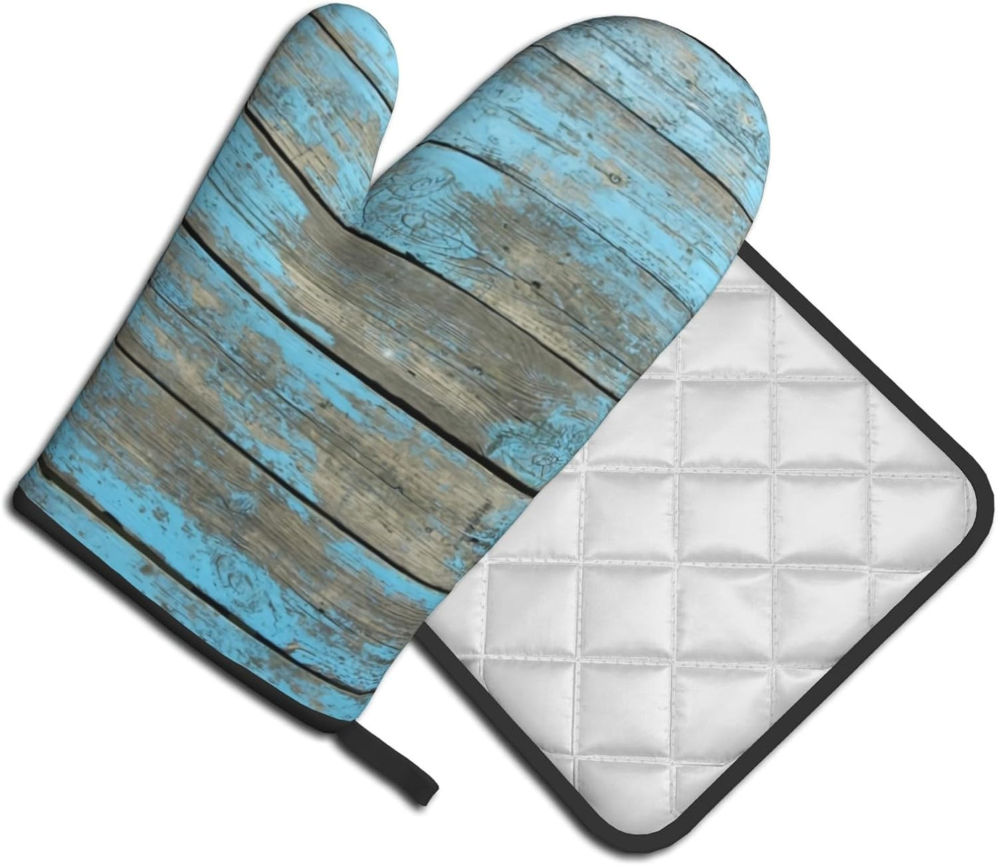 Blue Wood Oven Mitts and Pot Holder Set of 2 Rustic Board Heat Resistant Gloves Hot Potholders Kitchen Decor for Cooking Grilling Baking