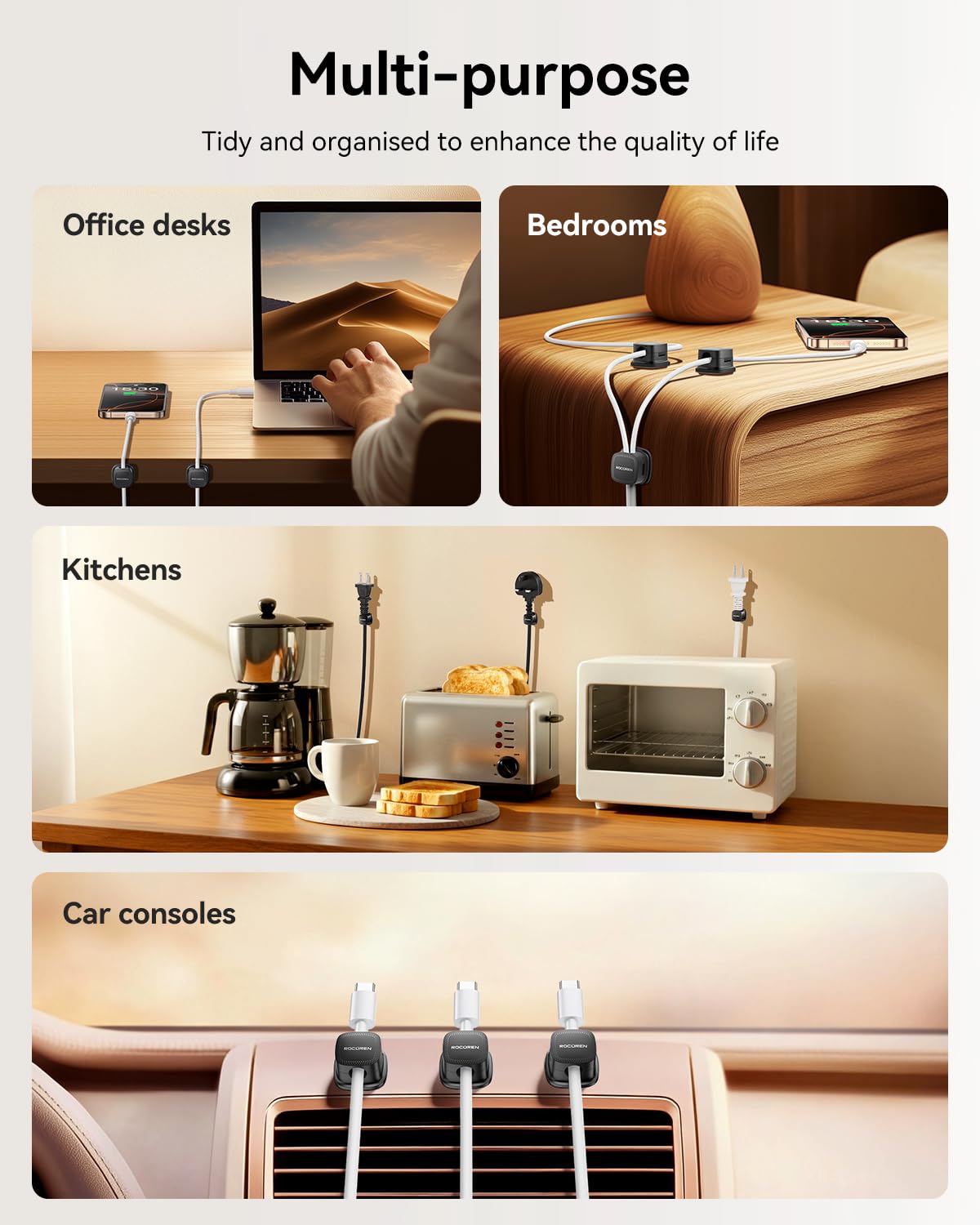 12 Pack Cable Management Cord Organizer,Magnetic Cable Clips-1s Lock,Rocoren Desk Adhesive Cord Cable Clip Wire Holder Keeper for Phone Charger Wire,Nightstand,Car,Office,Desktop Accessory,Black