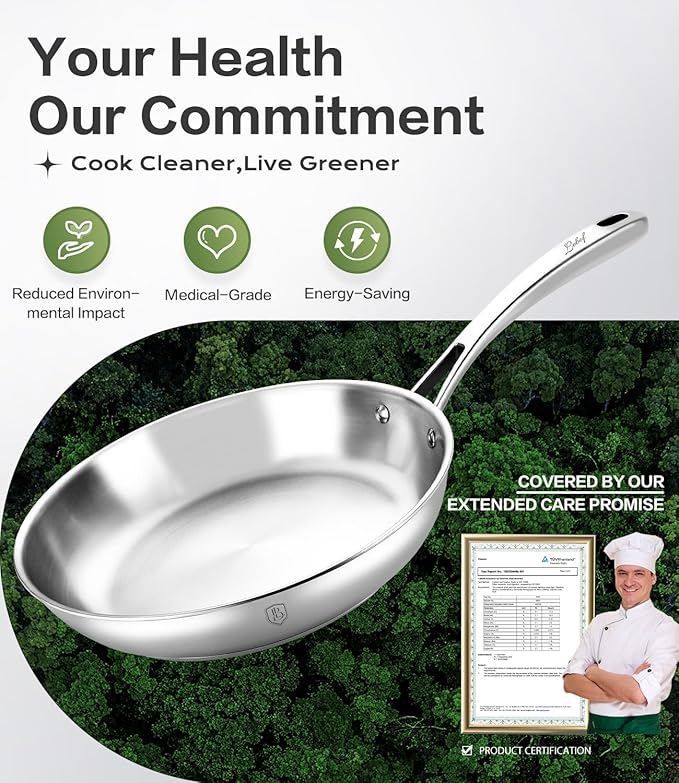 12 Inch Stainless Steel Pan, 5-Ply Clad Base 800℉ Safe Frying Pans for Even Heating, Premium Cookware for Induction, Gas,Electric&Oven