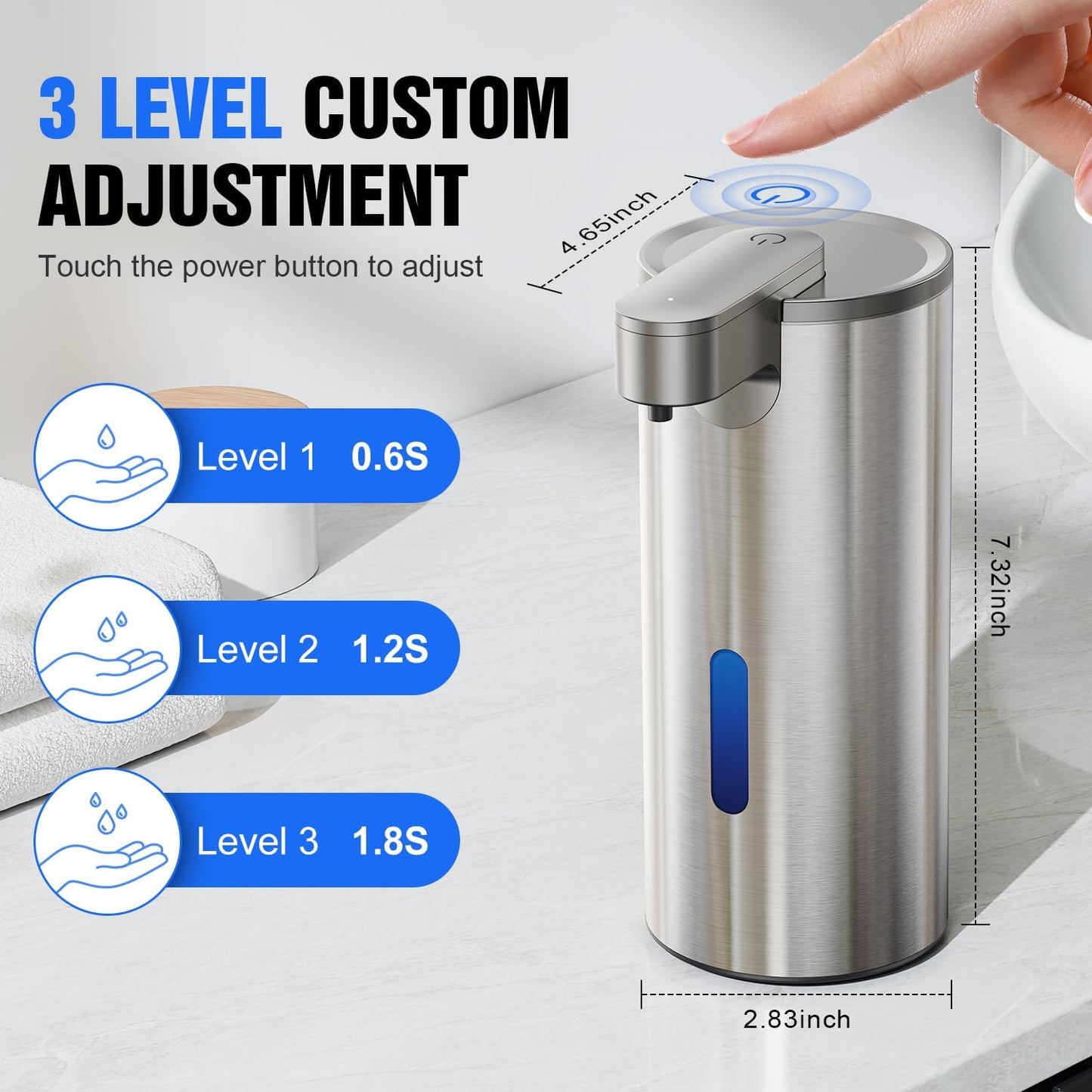 Automatic Soap Dispenser Touchless, Stainless Steel 11.5 oz 3 Levels Adjustable Hand Soap Dispenser with Rechargeable Sensor Pump for Kitchen & Bathroom Liquid Soap
