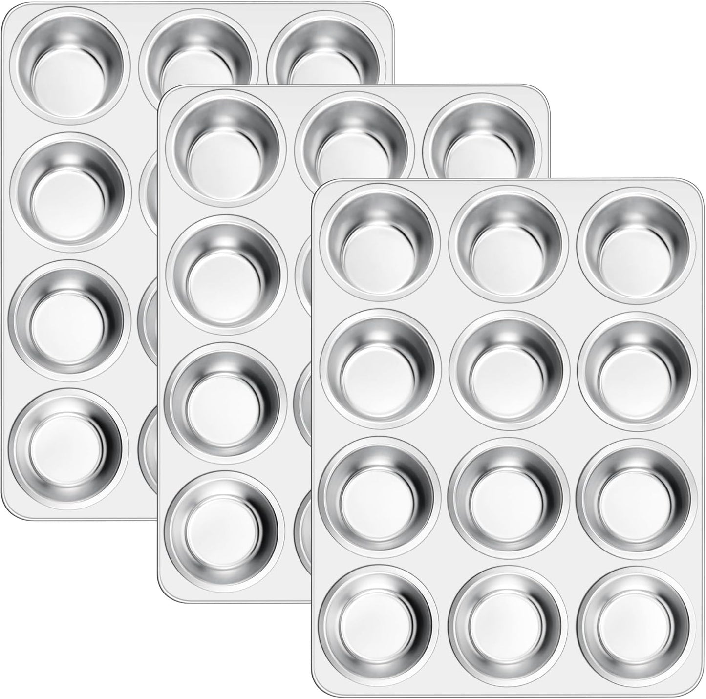 E-far 12-Cup Muffin Pan Set of 3, Stainless Steel Cupcake Pan Tins, Non-Toxic Metal Cupcake Tray for Baking Small Muffin Cakes, Heavy Duty & Regular Size, Rust Free & Dishwasher Safe