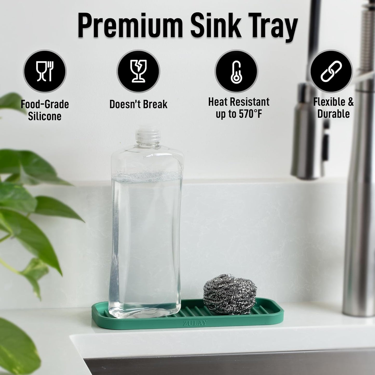 Zulay Kitchen (9x3.5) Silicone Sponge Holder for Kitchen Sink - Flexible Multipurpose Soap Tray - Sink Organizer for Kitchen, Bathroom, Makeup, Trinkets & More (Pine Green)