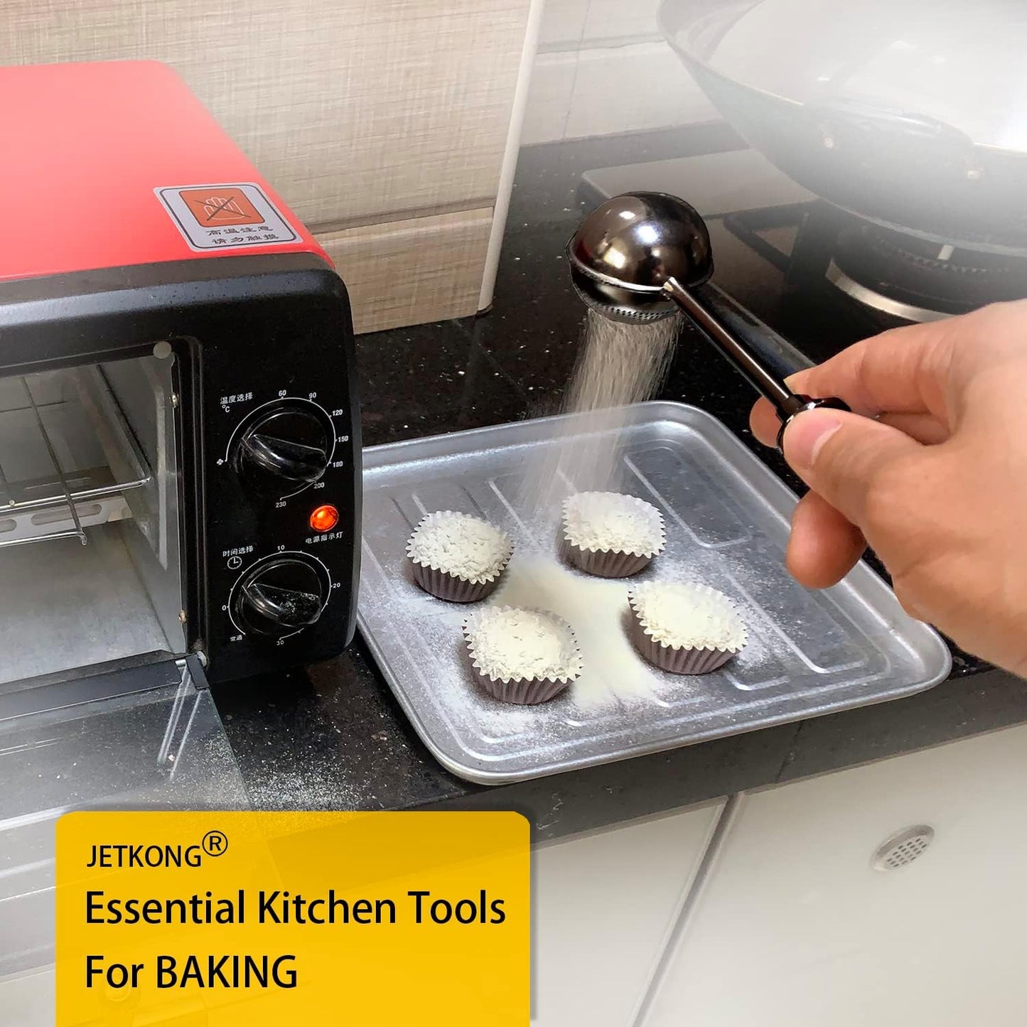 JETKONG Powdered Sugar Shaker Duster Flour Dispenser Shaker with 18/8 Stainless Steel Spring-operated Handle for Sugar Flour and Spices (Black)