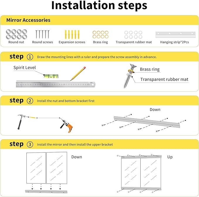 Home Gym Mirror - 48x24 Inch, 3PCS Frameless Tempered Glass Full Body Mirror for Wall Mount - Ideal for Yoga, Workout, Bedroom, Dance Studio (Silver)